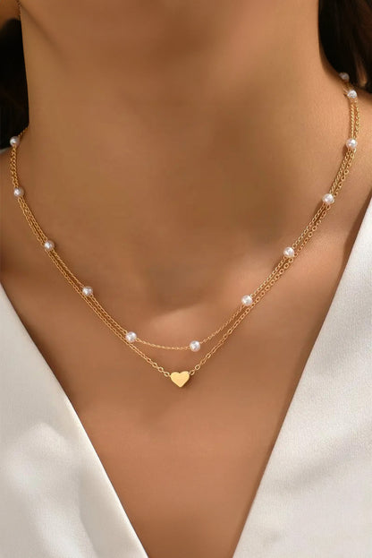 Gold Plated Heart And Pearl Detail 2Pcs Layered Necklace