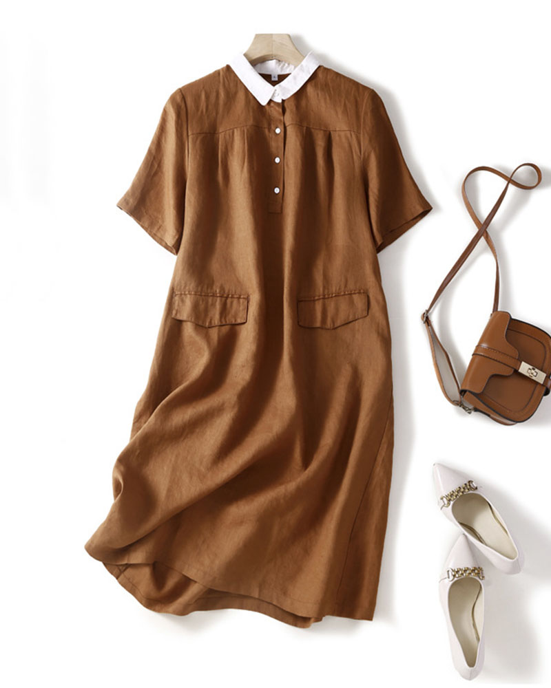 Retro Contrast Color Cotton Linen Dress