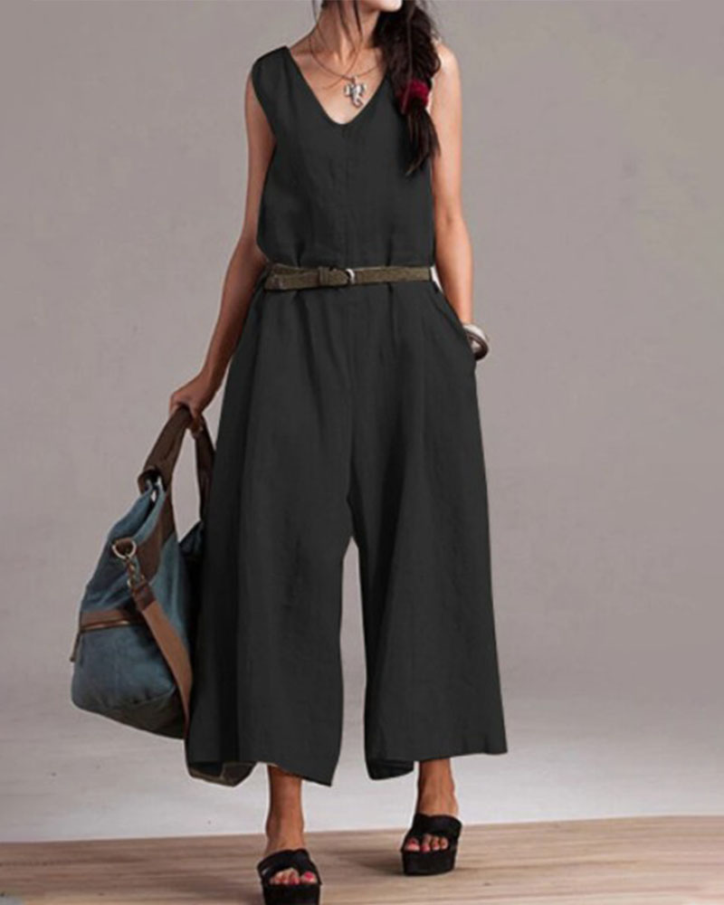 Women's Sleeveless V-Neck Cotton Linen Jumpsuit