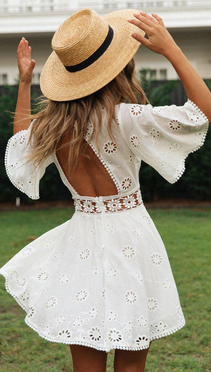 Backless Hollow-out Embroidered Dress