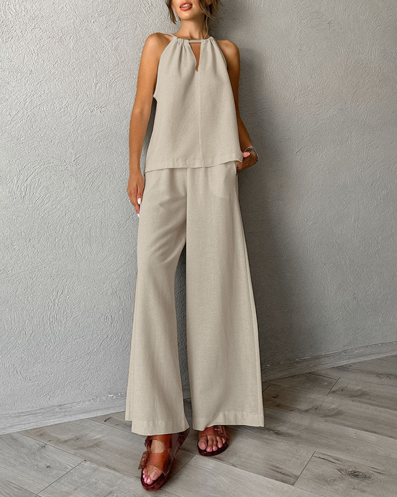 Cotton And Linen Cut-Out Lace-Up Vest & Wide-Leg Pants Two-Piece Set