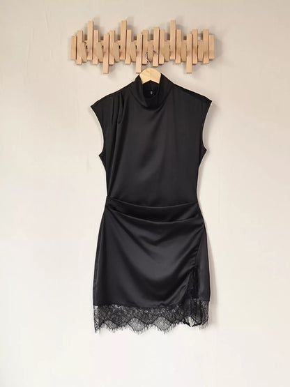 Satin Mock Neck Sleeveless Mini Dress with Lace Hem