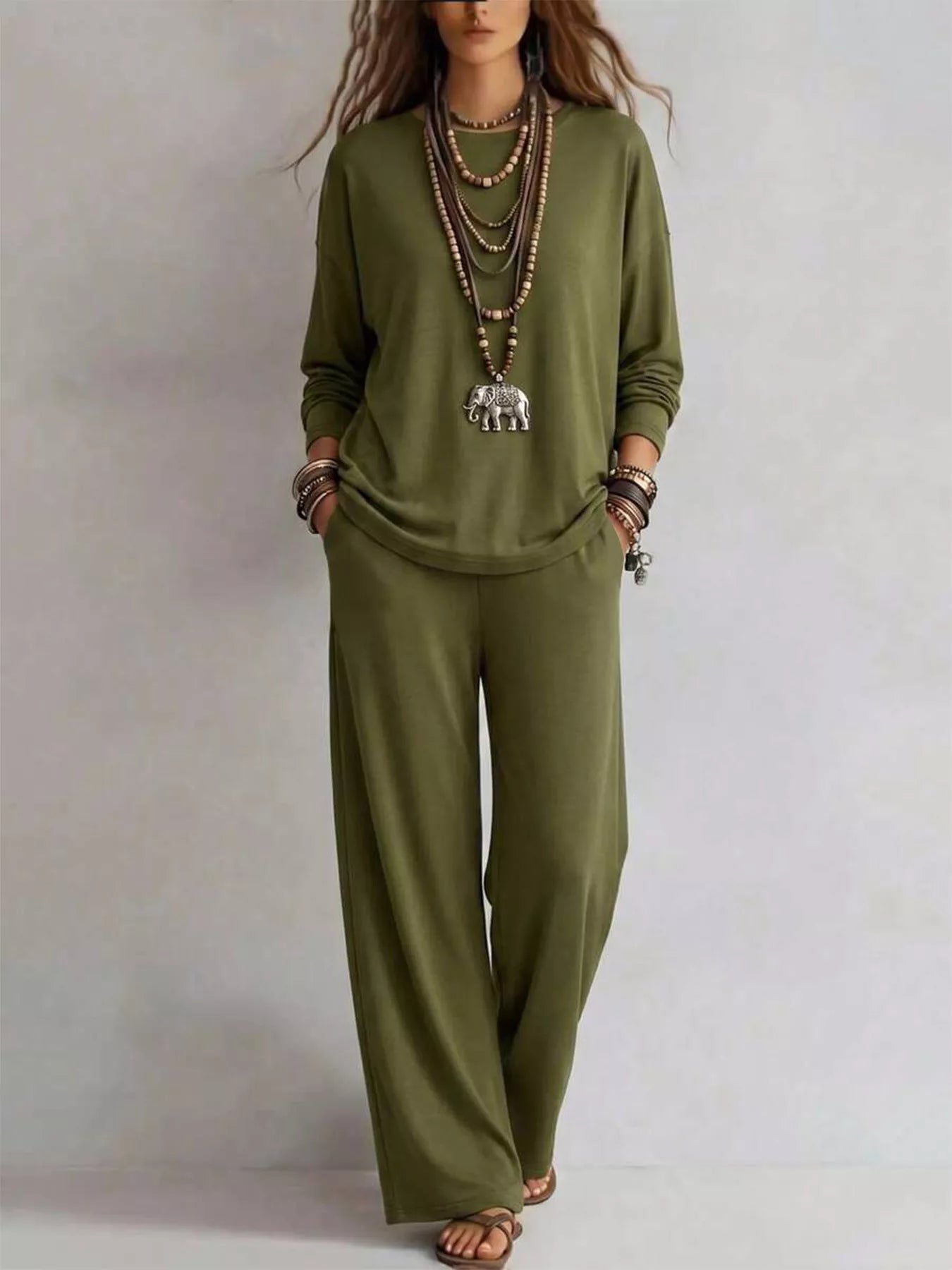 Round Neck T-Shirt and Wide-Leg Pants Set