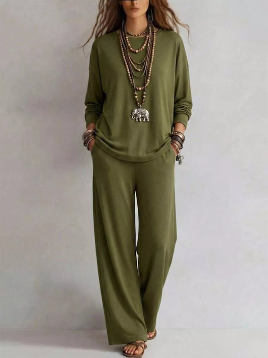 Round Neck T-Shirt and Wide-Leg Pants Set
