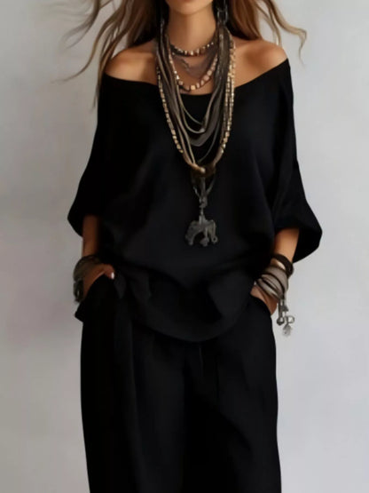 Off-Shoulder Loose Fit Top and Pants Two-Piece Set
