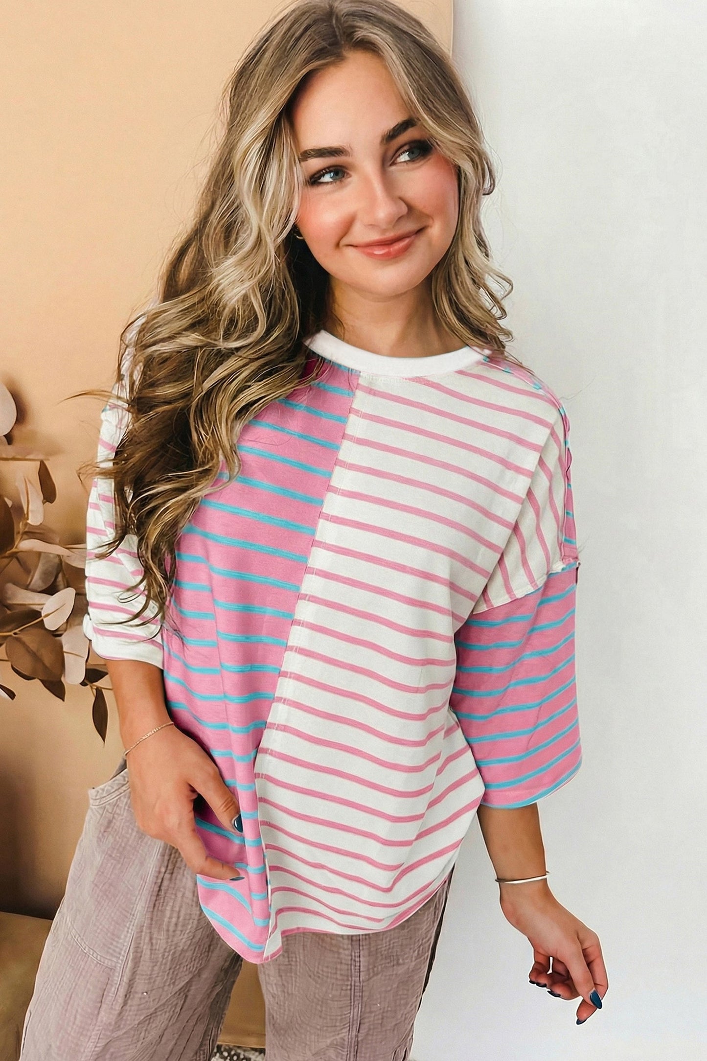 Green Stripe Colorblock 3/4 Sleeve Loose T Shirt