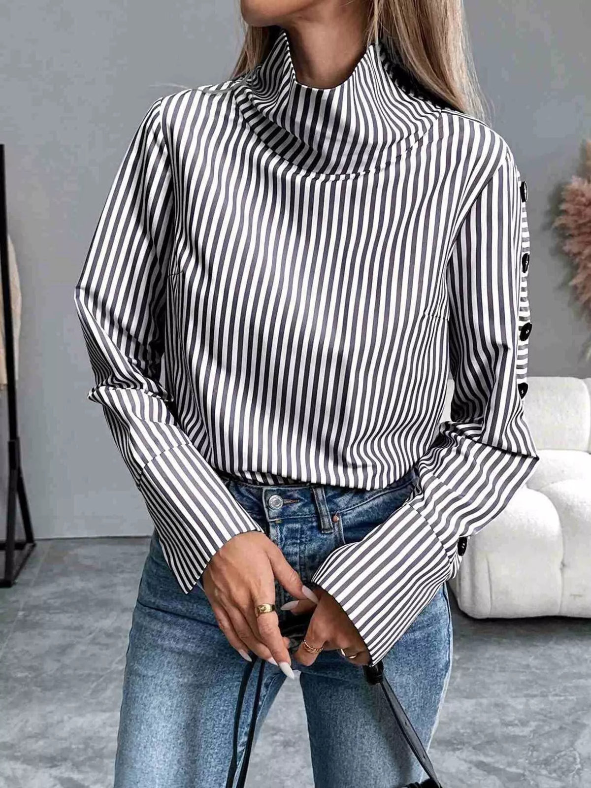 Striped Turtleneck Long Sleeve Blouse