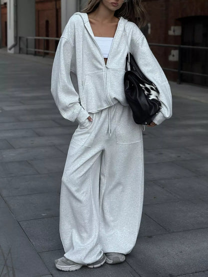 Oversized Zip-Up Hoodie and Wide-Leg Pants Set