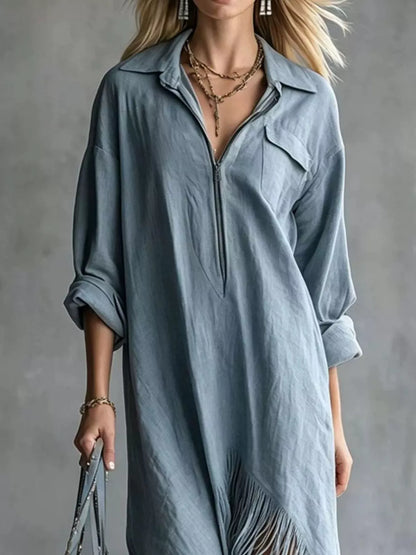 Fringe Hem Zip-Up Shirt Dress