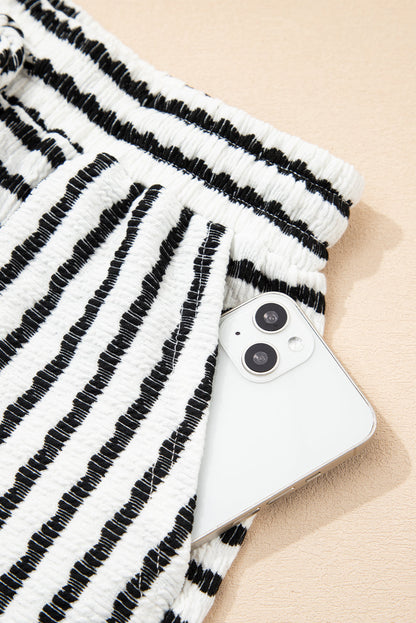 Black Stripe Knitted Short Sleeve Top and Drawstring Shorts Set