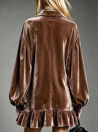 Full Size Velvet Ruffled Hem Long Sleeve Dress Plus Size