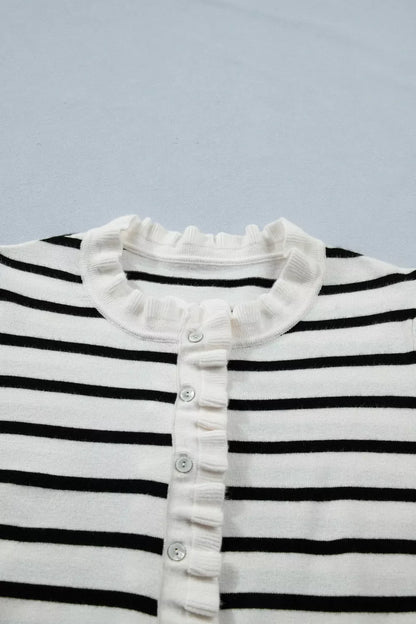 Stripe Ruffle Trim Button Down Knit Short Sleeve Sweater Cardigan
