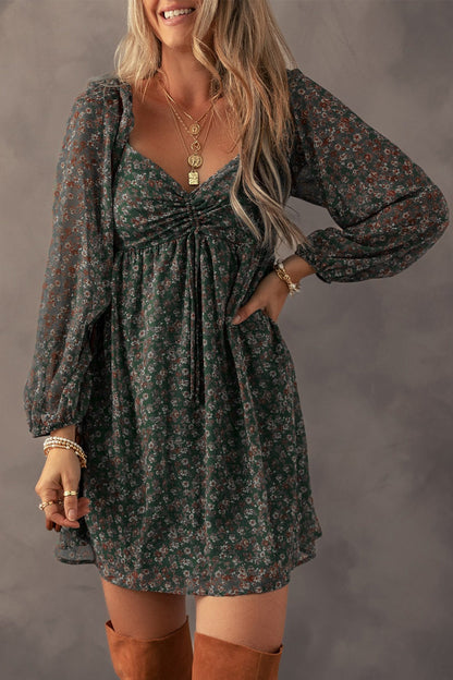 Blue Zone Planet | Ruched Printed Long Sleeve Mini Dress