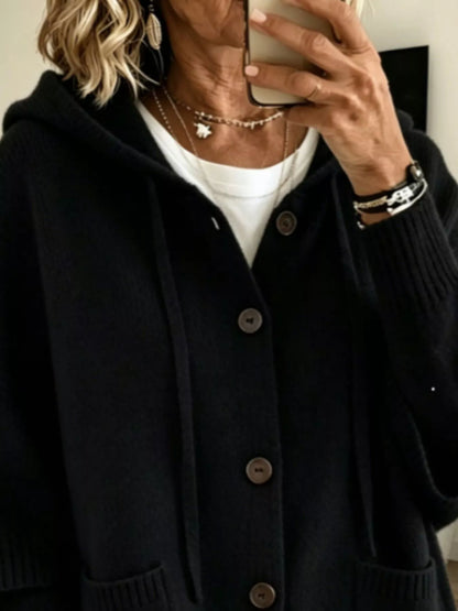 Full Size Casual Hooded Button-Down Knit Cardigan with Pockets Plus Size