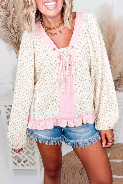 Floral Print Lace-Up Front Blouse with Ruffle Hem