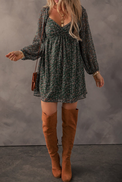 Blue Zone Planet | Ruched Printed Long Sleeve Mini Dress