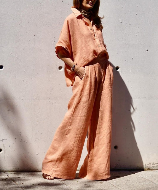 Casual Linen Orange Two-piece Suit