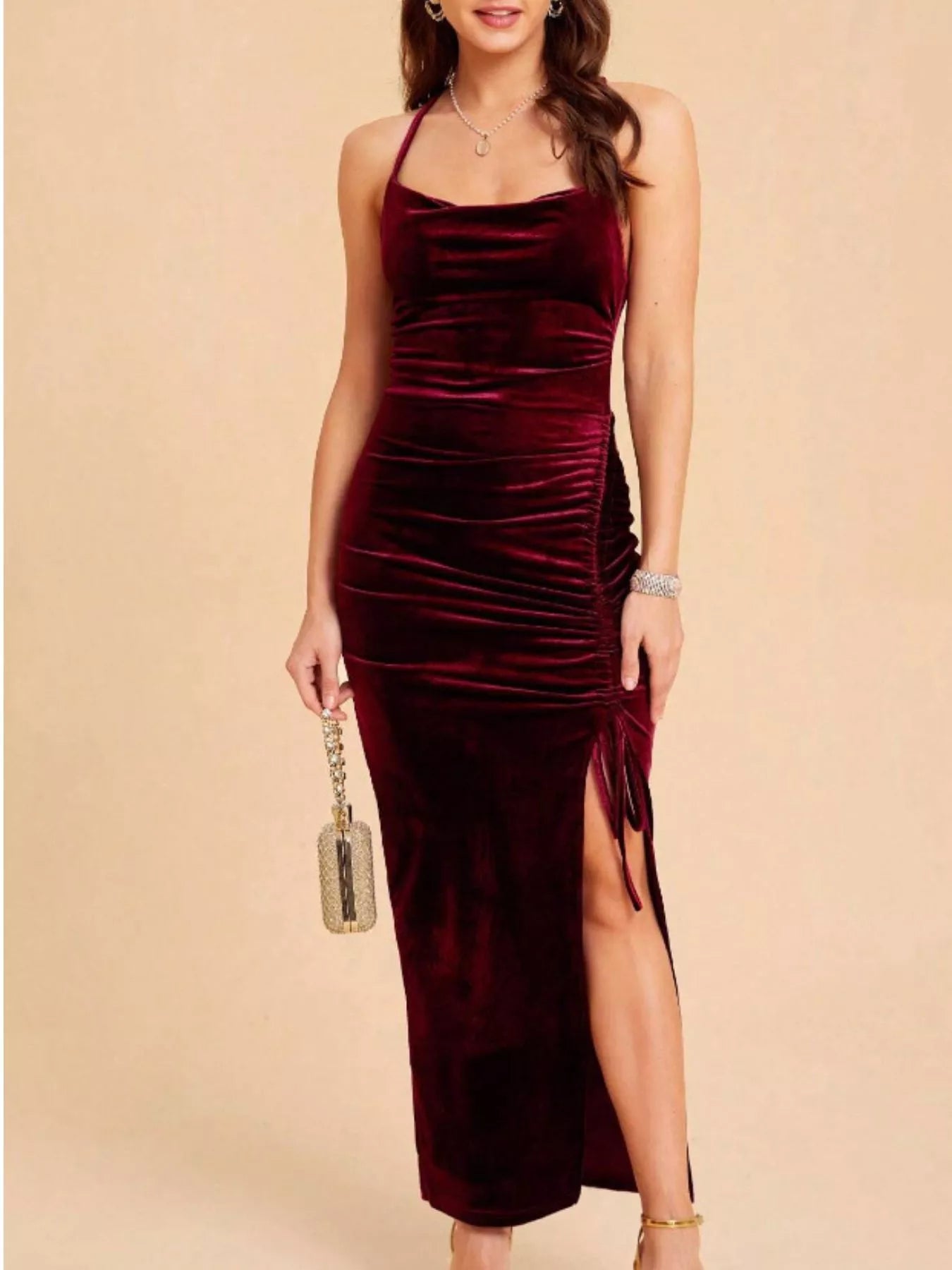 Velvet Ruched Dress with High Slit
