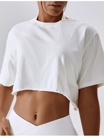 Blue Zone Planet | Cropped Round Neck Short Sleeve Active Top