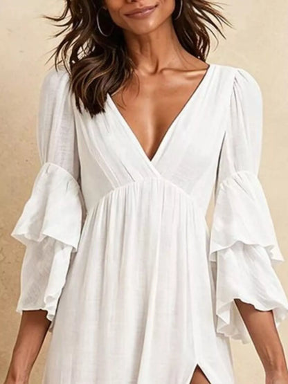 Tiered Ruffle Sleeves High Slit V-Neck Maxi Dress
