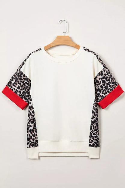 Leopard Block Patchwork Uneven Hem Short Sleeve Top