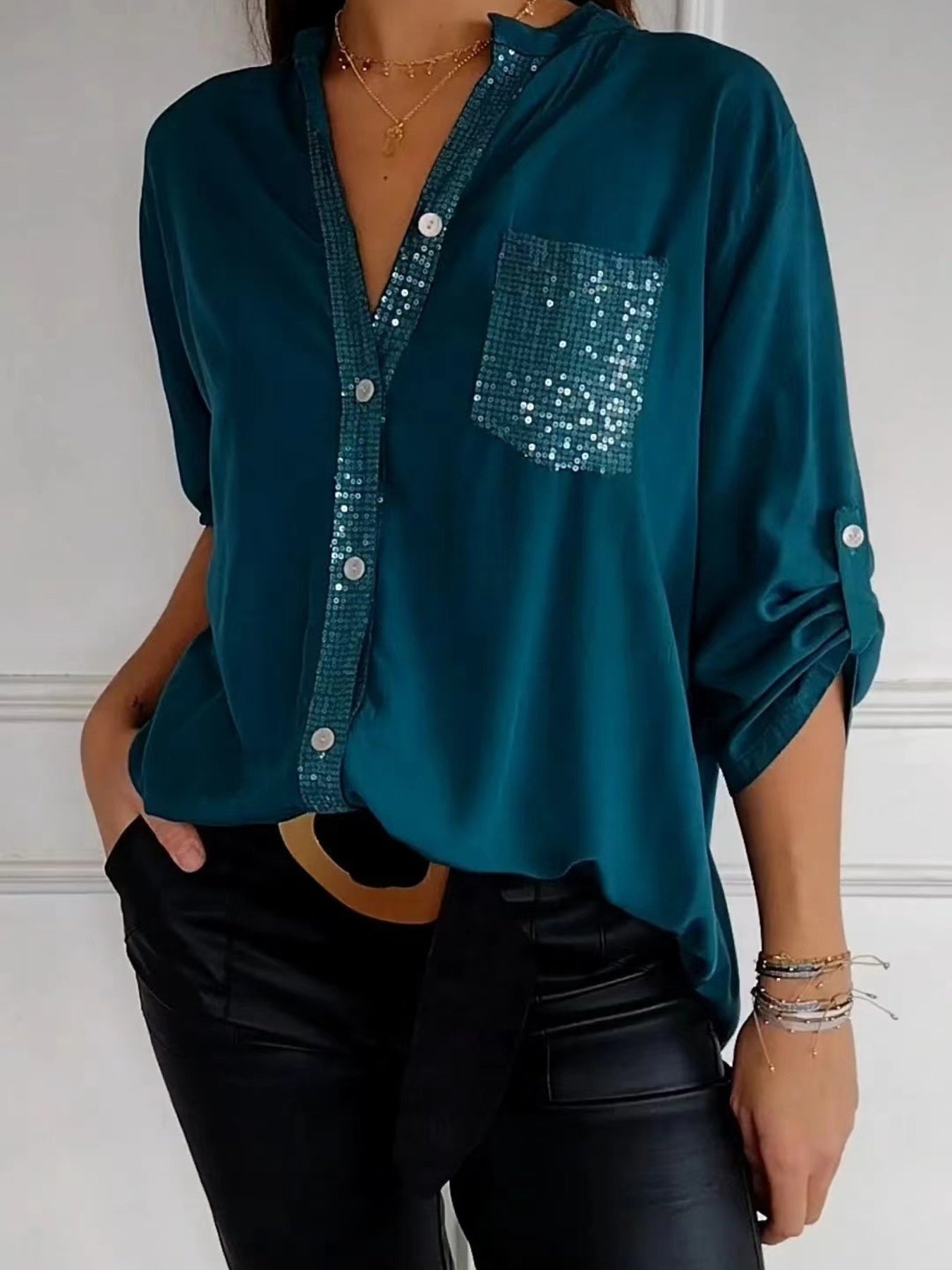 Full Size Sequin Detail Button-Down Shirt Plus Size