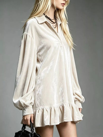 Full Size Velvet Ruffled Hem Long Sleeve Dress Plus Size