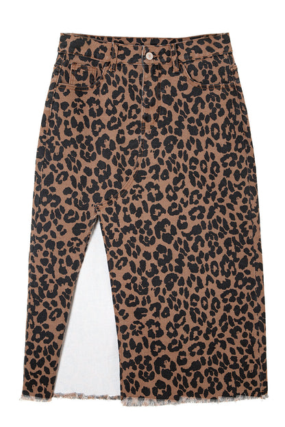 Brown Leopard Denim Frayed Split Denim Midi Skirt