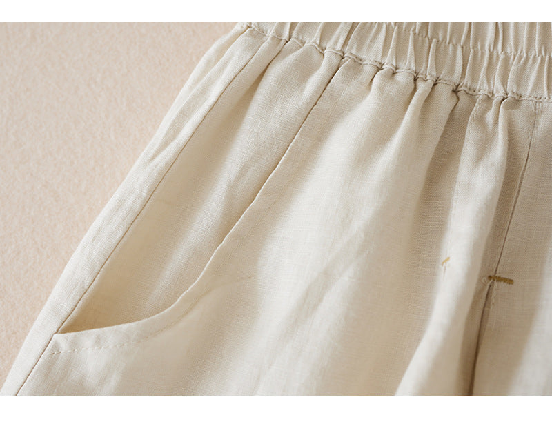 Elastic waist wide-leg cotton and linen cropped pants