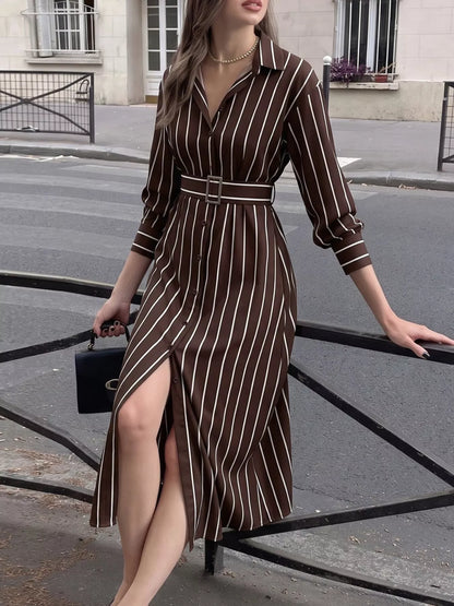 Striped Long Sleeve Belted Shirt Dress