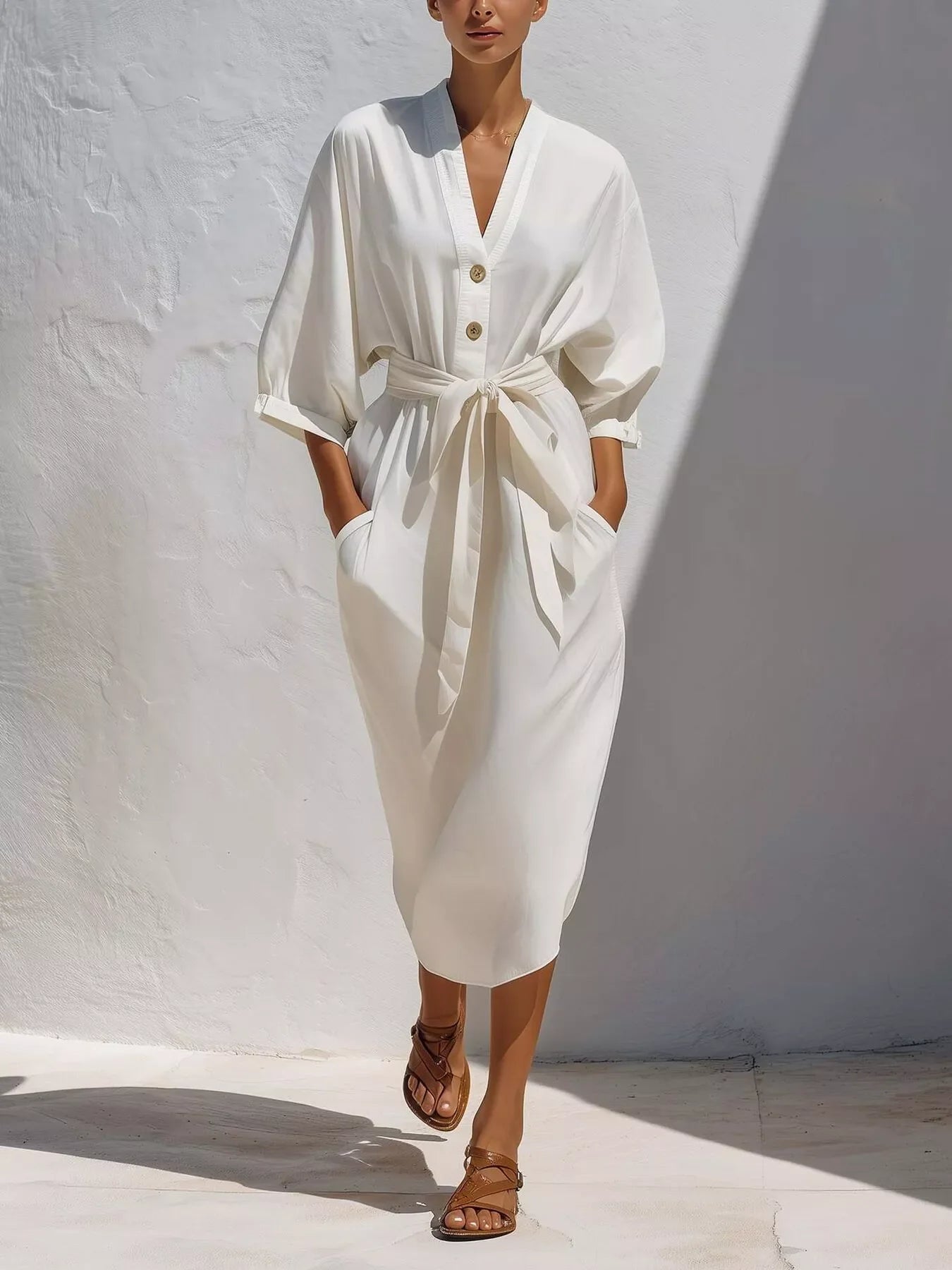 Full Size Tie Waist V-Neck Midi Dress Plus Size