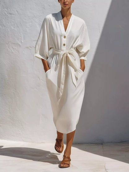 Full Size Tie Waist V-Neck Midi Dress Plus Size