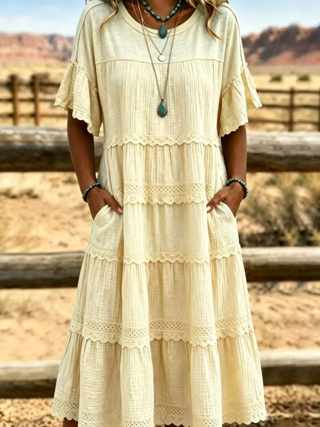 Plus Size Tiered Ruffle Sleeve Midi Dress with Pockets