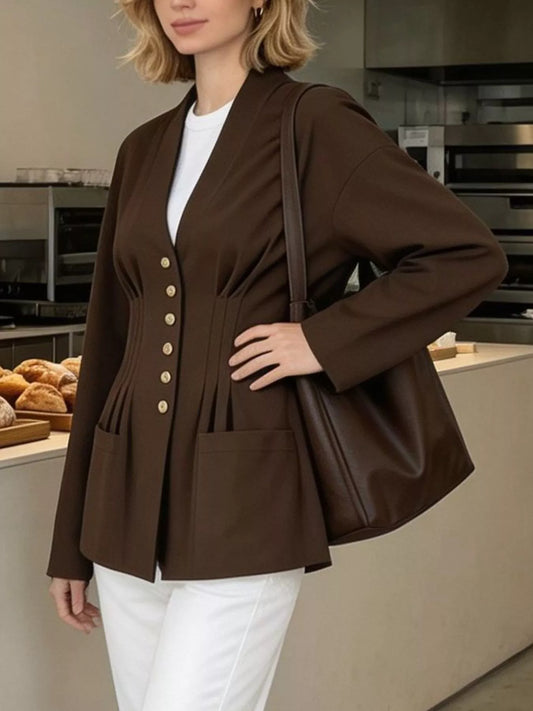 Pleated Waist Blouse with Button Detail