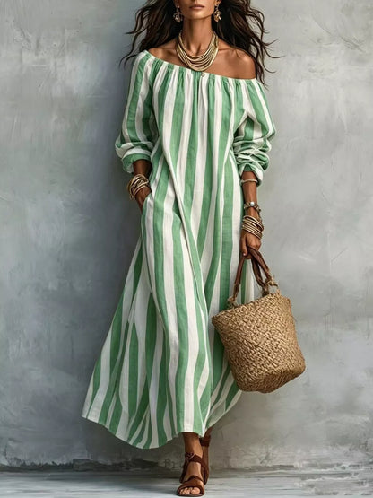 Off-Shoulder Striped Dress with Pockets