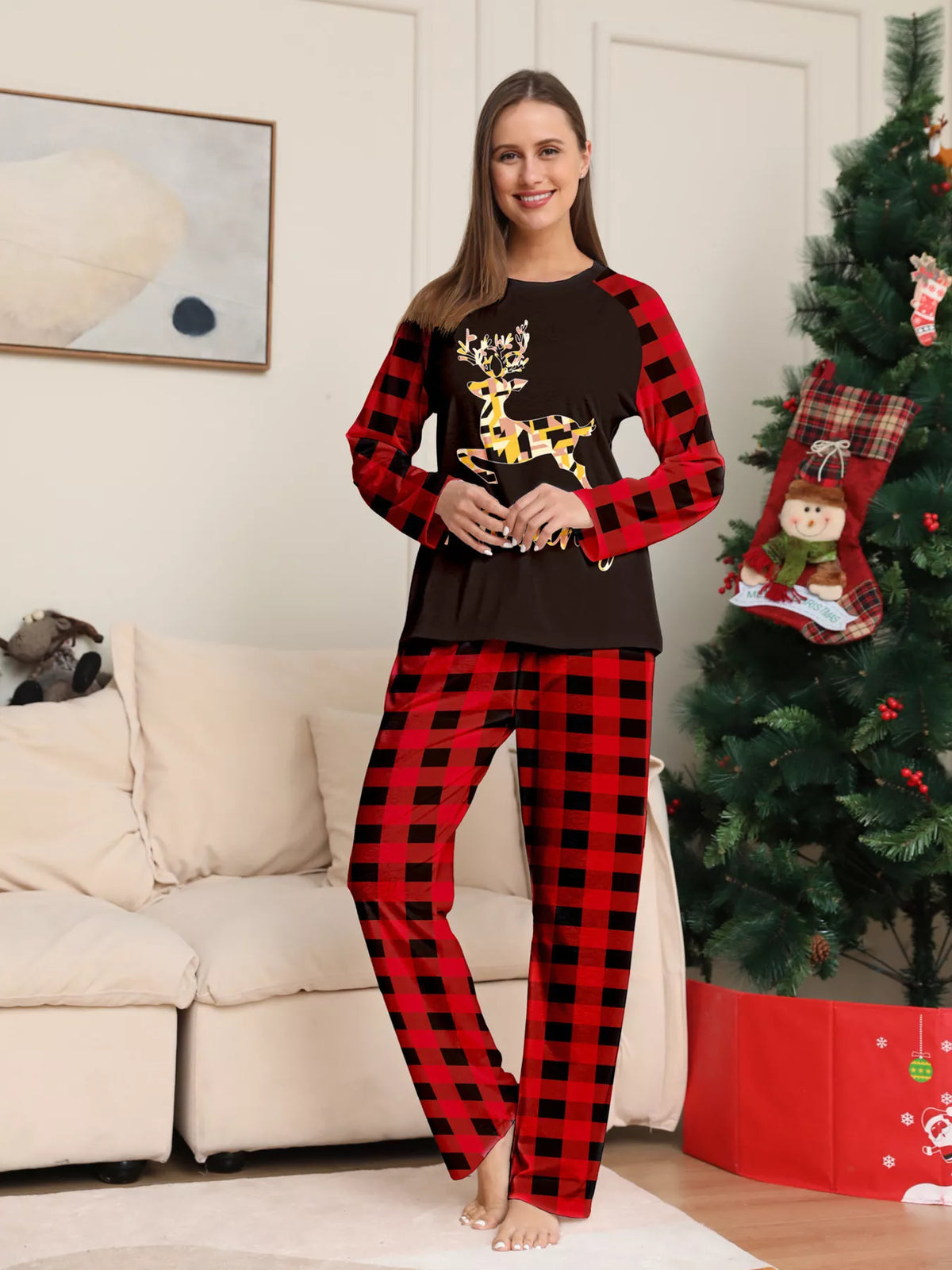 Full Size Family Matching Christmas Pajamas Set with Reindeer Graphic Plus Size