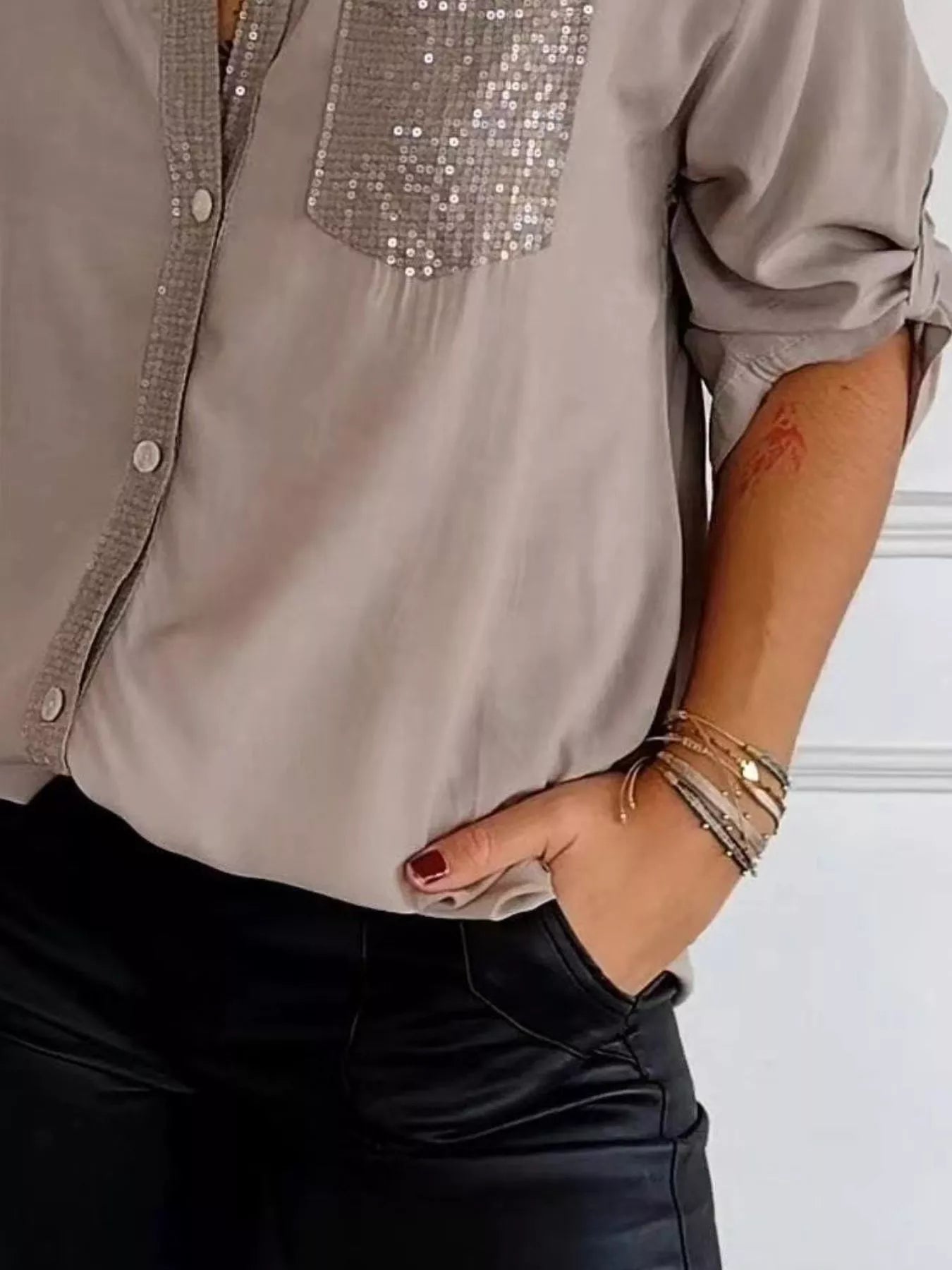 Full Size Sequin Detail Button-Down Shirt Plus Size