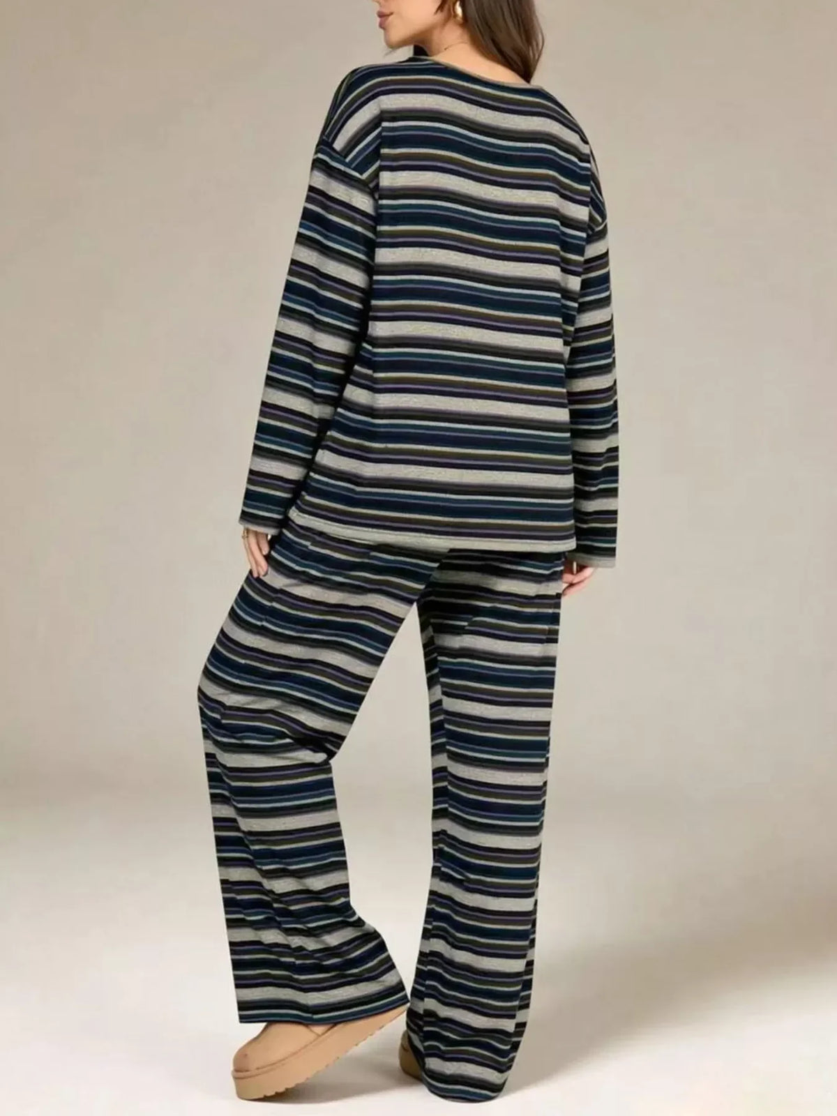 Striped Long-Sleeve Top and Wide-Leg Pants Set