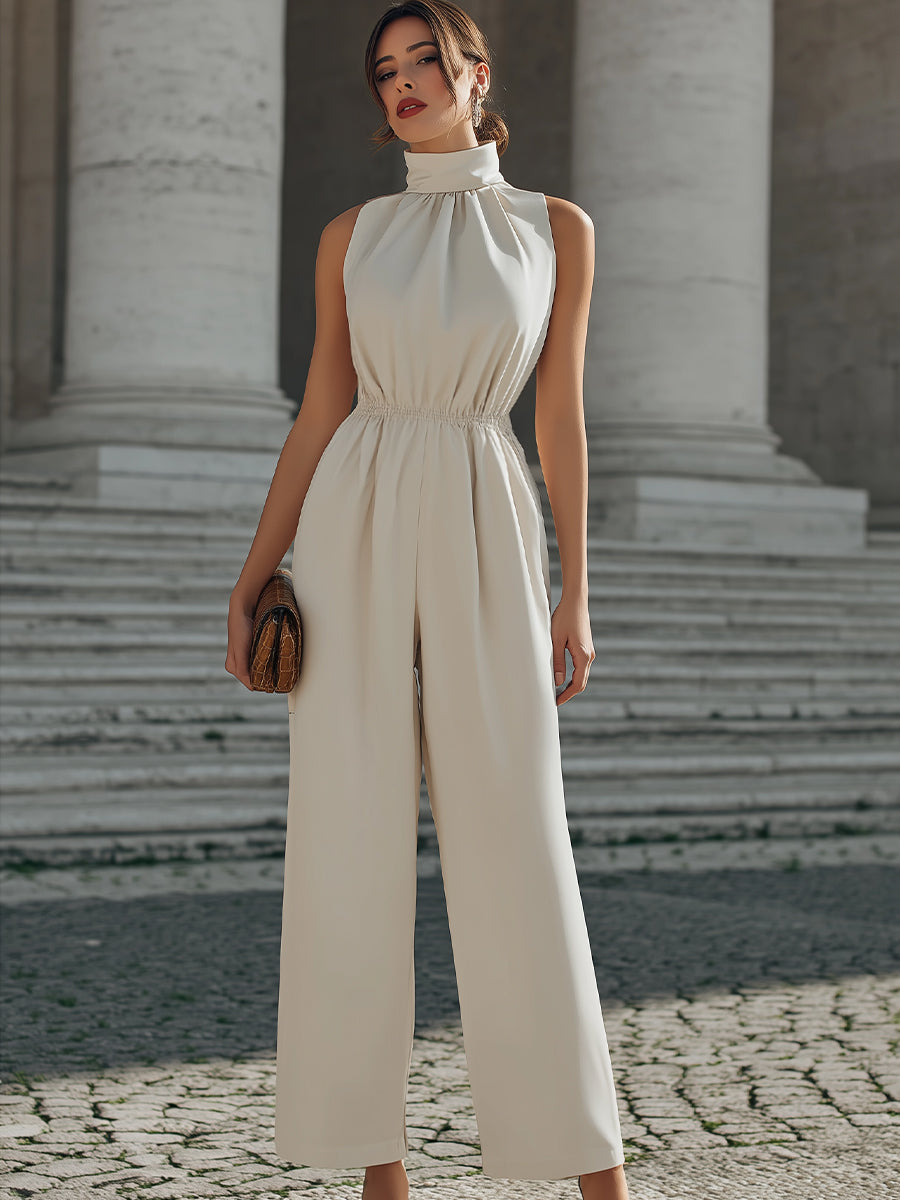 High-Neck Gathered Waist Wide-Leg Jumpsuit