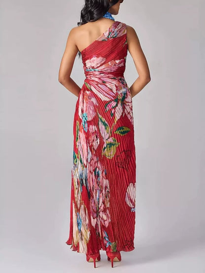 One-Shoulder Pleated Floral Maxi Dress