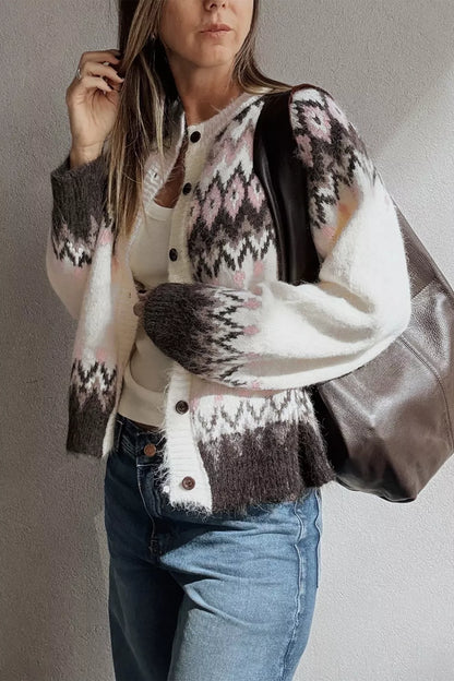 Geometric Pattern Brushed Knit Button Cardigan