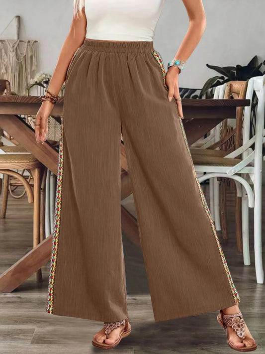 Bohemian Wide Leg Embroidered Side Stripe Pants