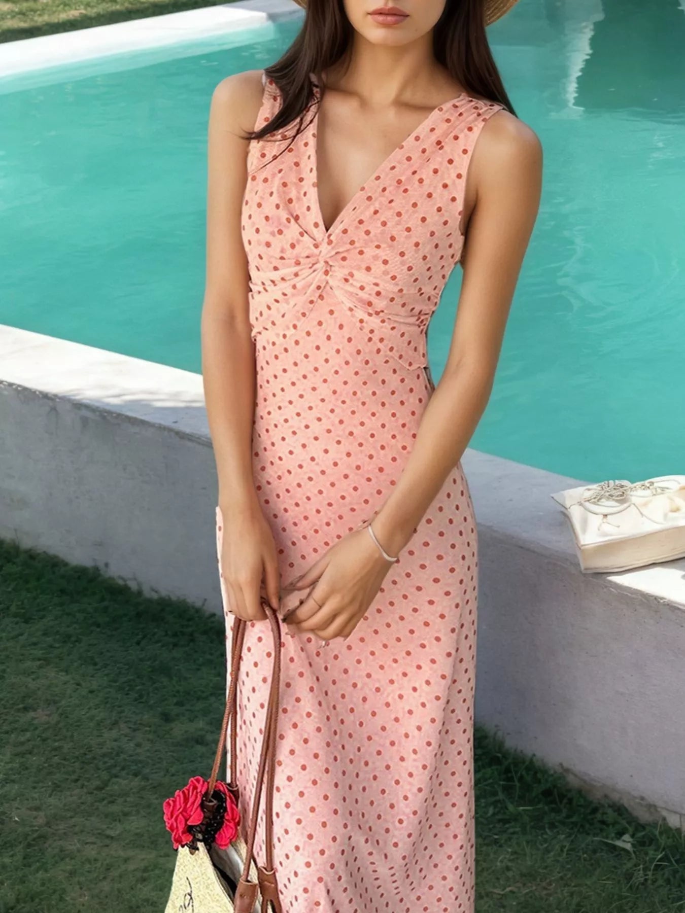 Polka Dot Twist-Front Sleeveless Maxi Dress