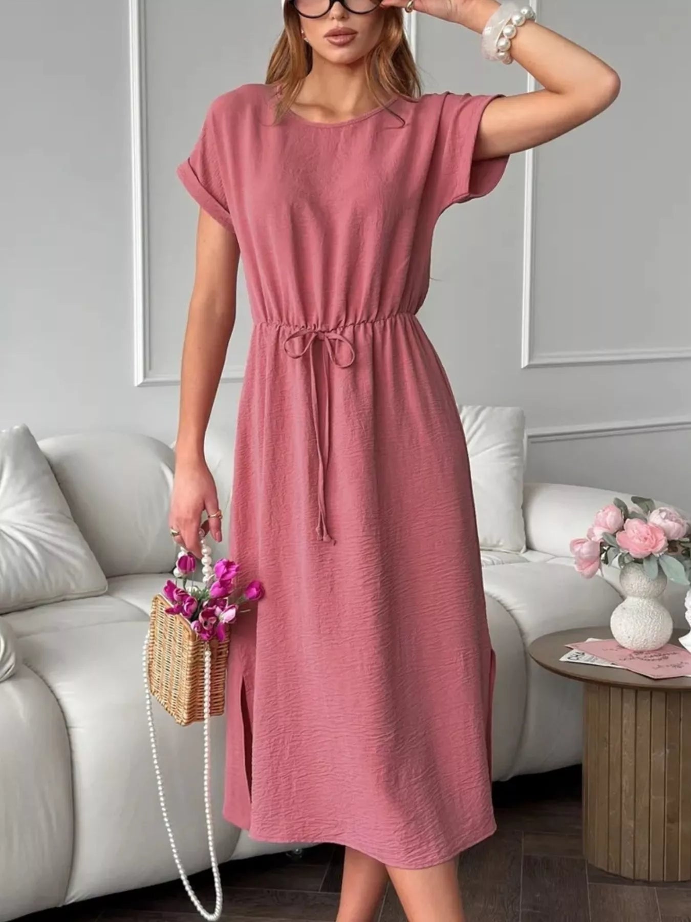 Casual Drawstring Waist Midi Dress