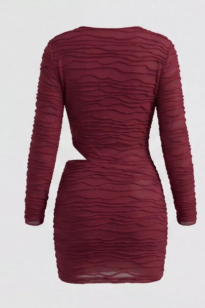 Ruched Cutout Cowl Neck Long Sleeve Mini Dress