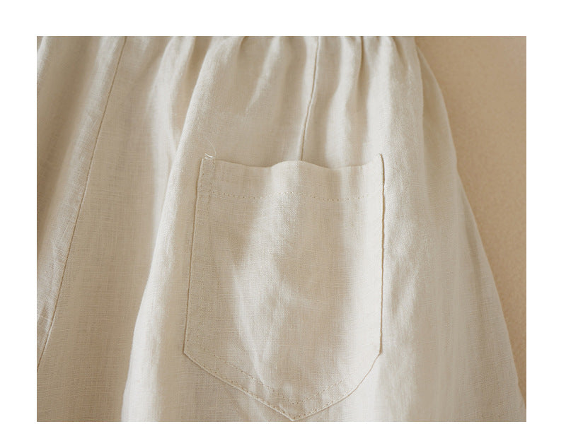 Elastic waist wide-leg cotton and linen cropped pants