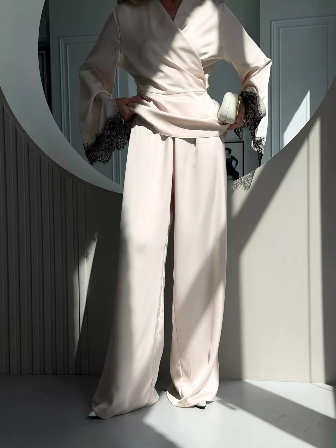 Lace Trim Wrap Top and Pants Set