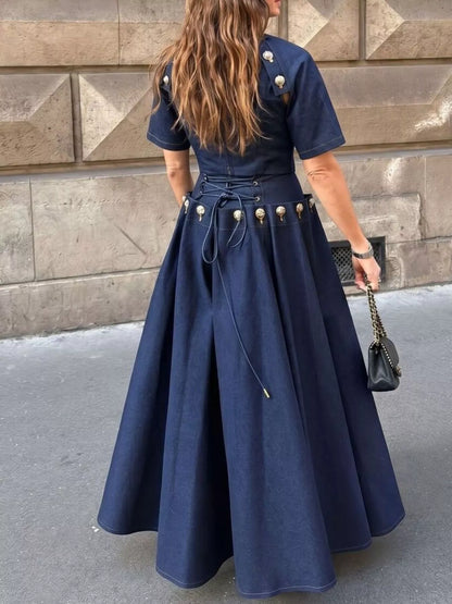 Gold Button Top and Skirt Denim Set