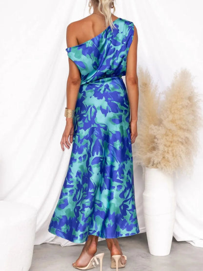 One Shoulder Printed Dress with Slit