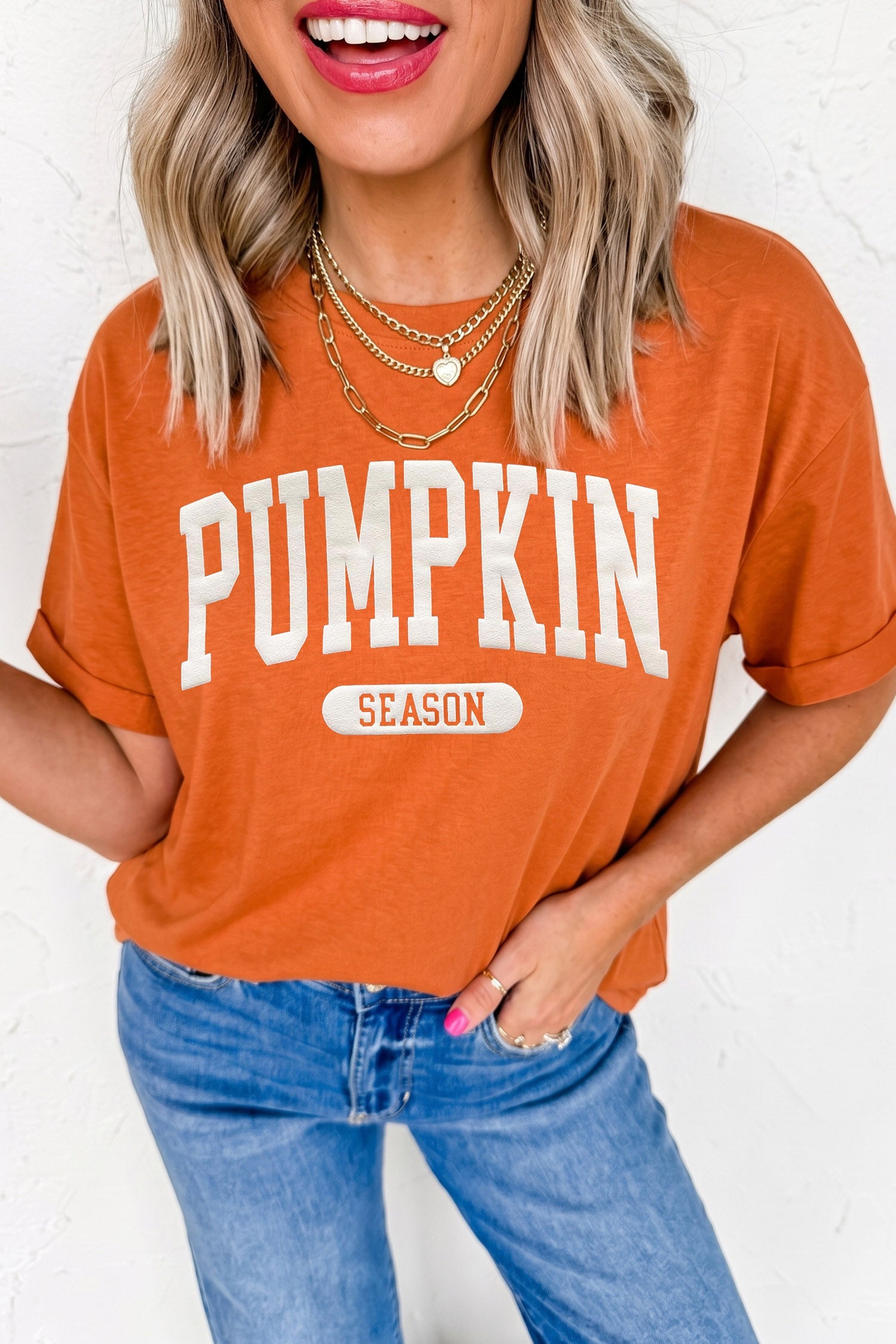 Orange Pumpkin Season Letter Print Relaxed T Shirt